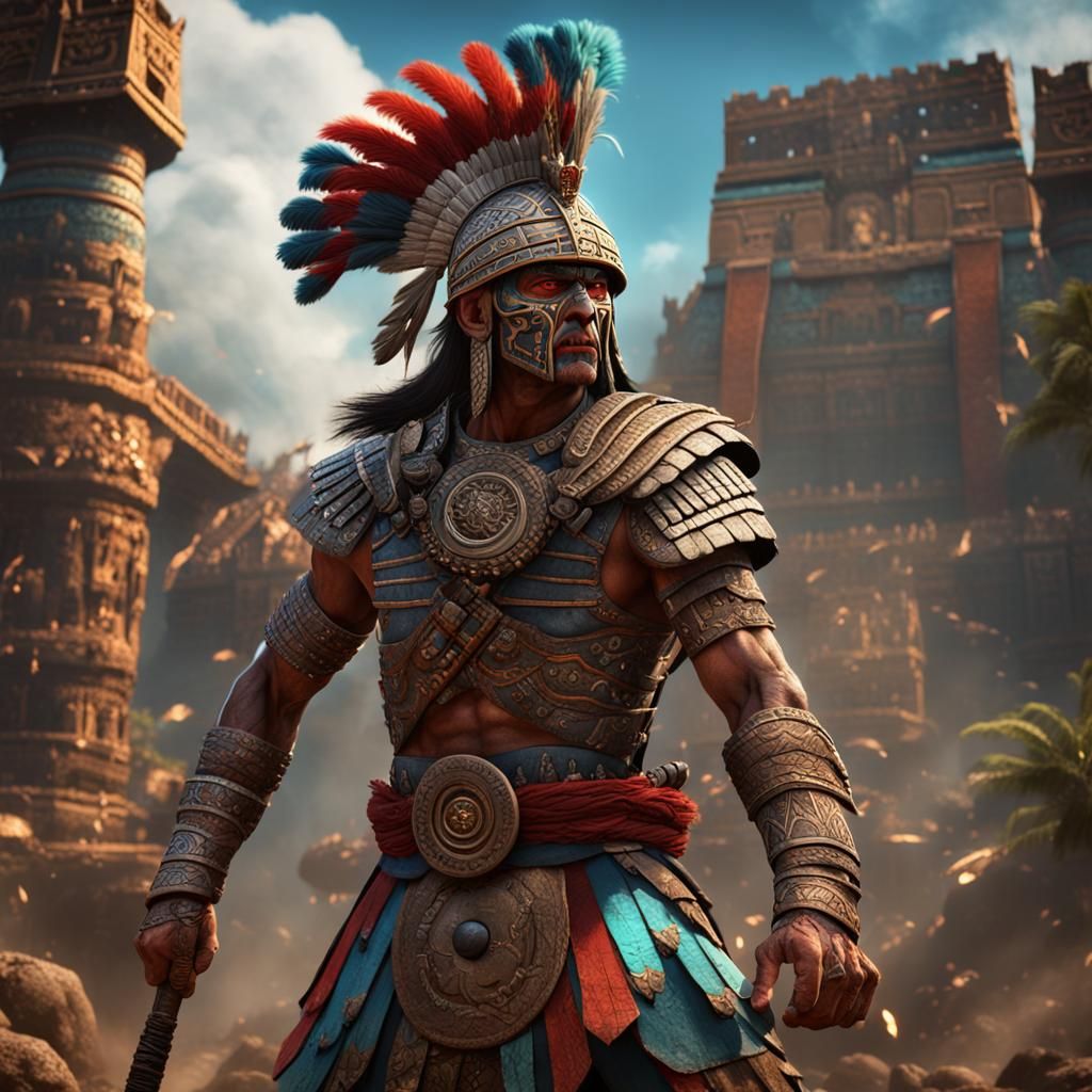 Aztec Warrior in Battle: Detailed Matte Painting