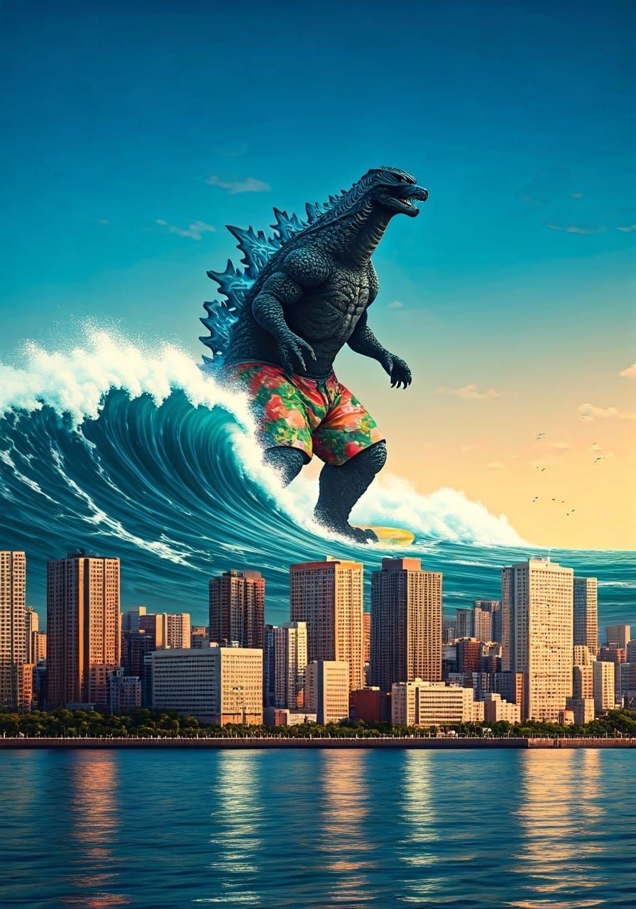 In a stunning double exposure illustration, in the foreground, the neon-lit skyscrapers of Tokyo loom, above the ocean, ...