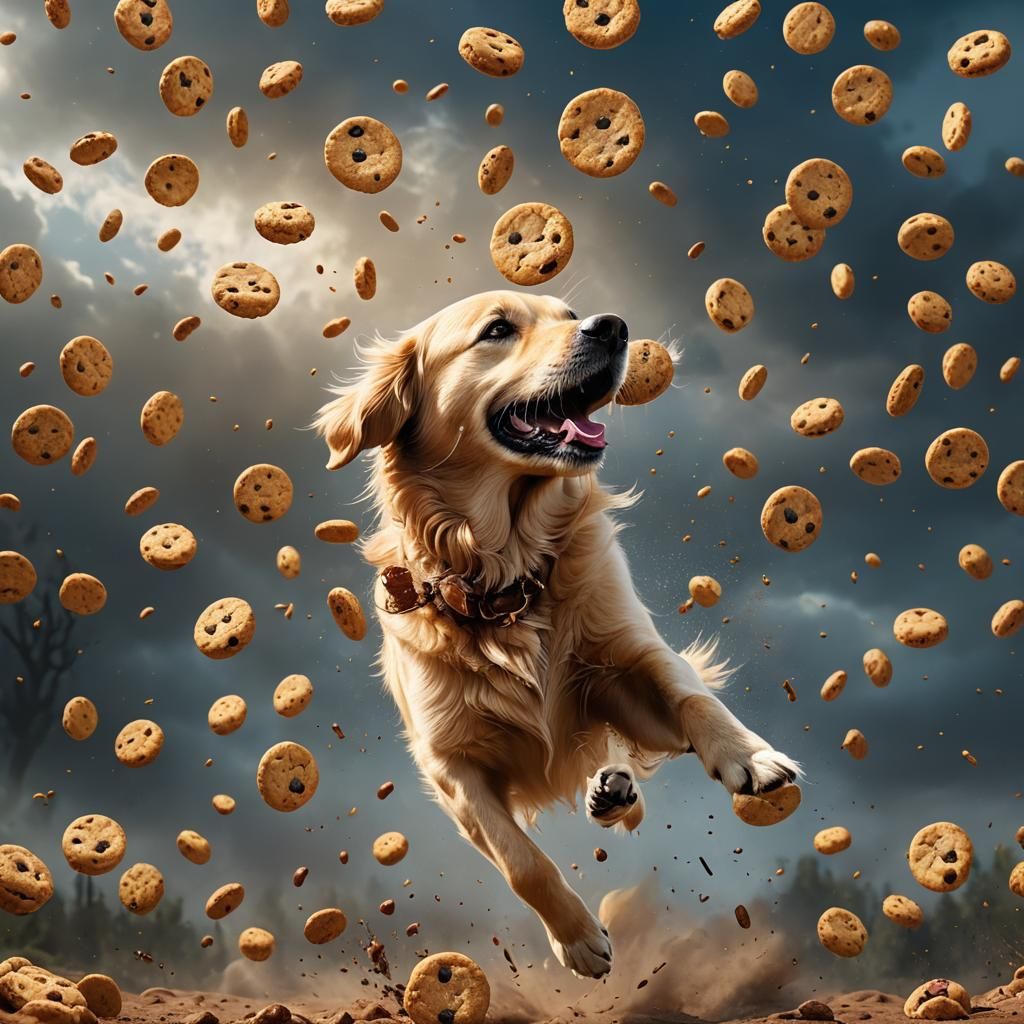 Golden Retriever Catching Cookie: Detailed Matte Painting