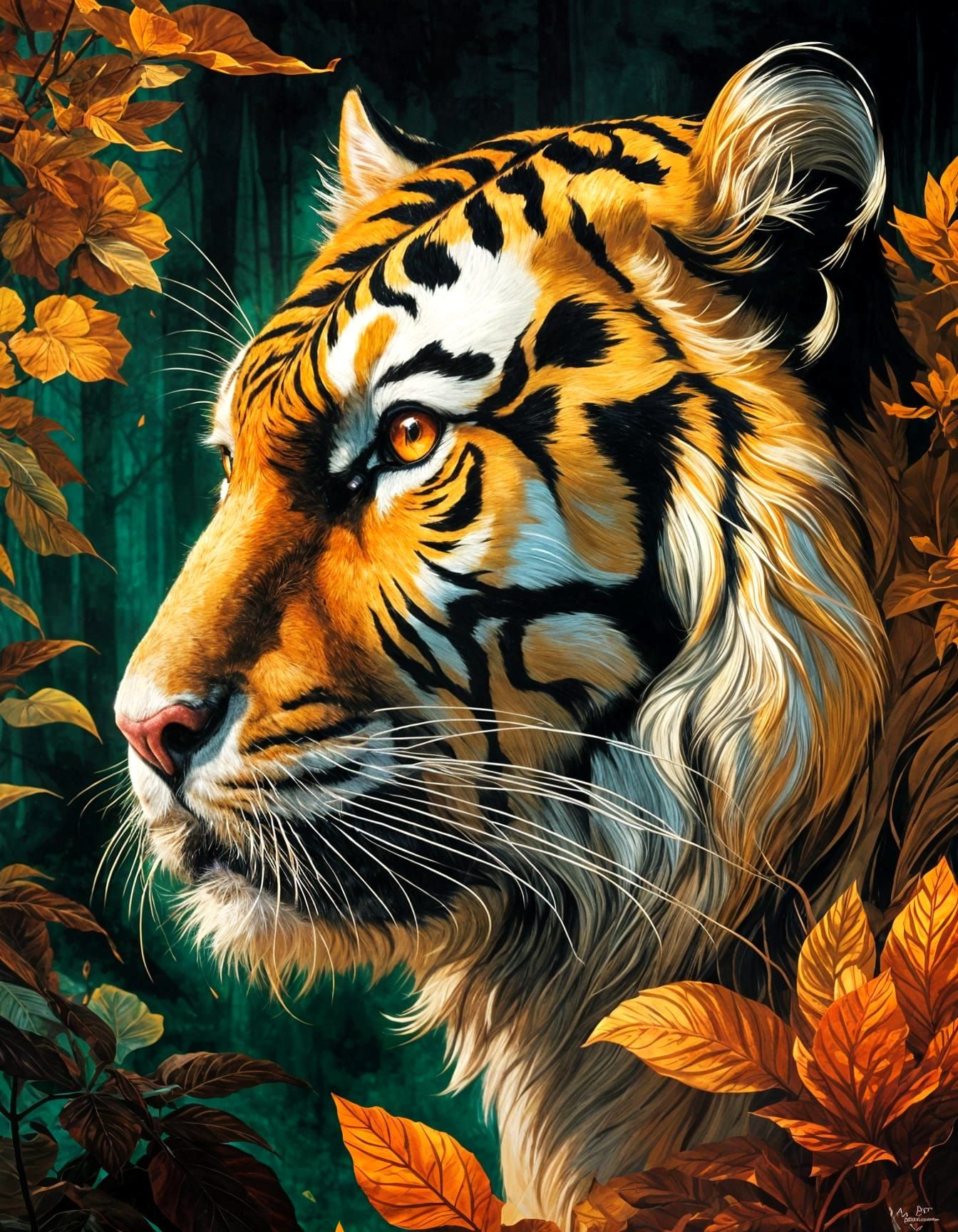 A regal royal bengal tiger with delicate, velvety fur in shimmering golden yellow, burnt orange, and fiery red hues, acc...
