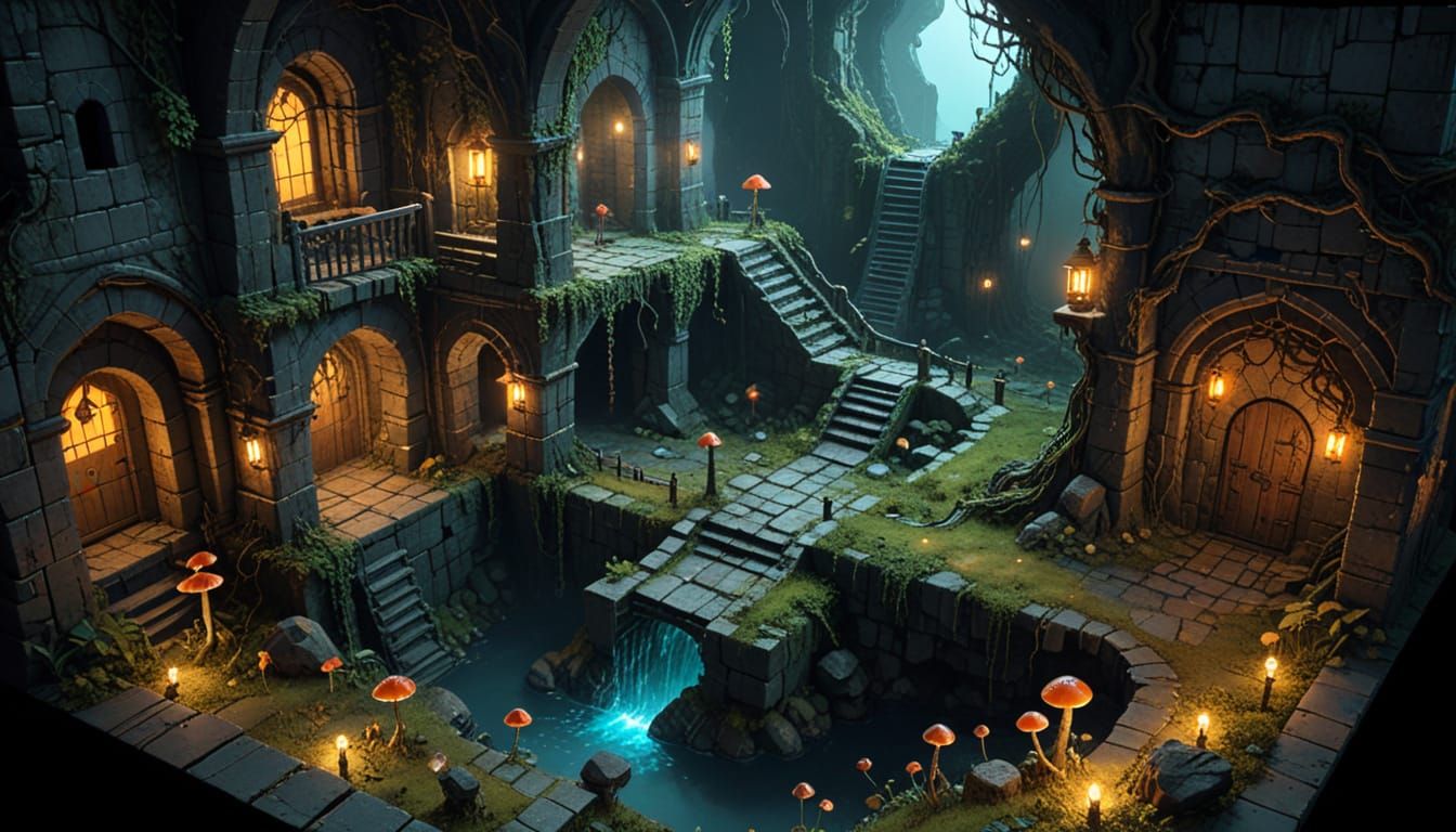 Ethereal Fantasy Dungeon with Glowing Mushrooms and Vines