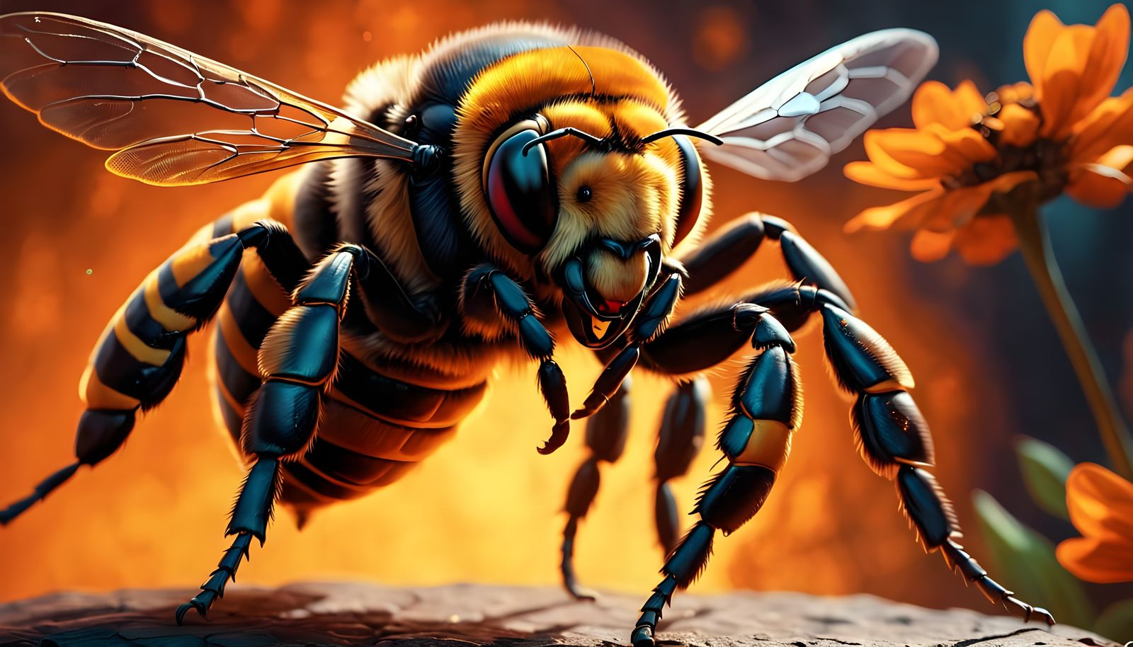 Fiery 3D Giant Bee in Flight
