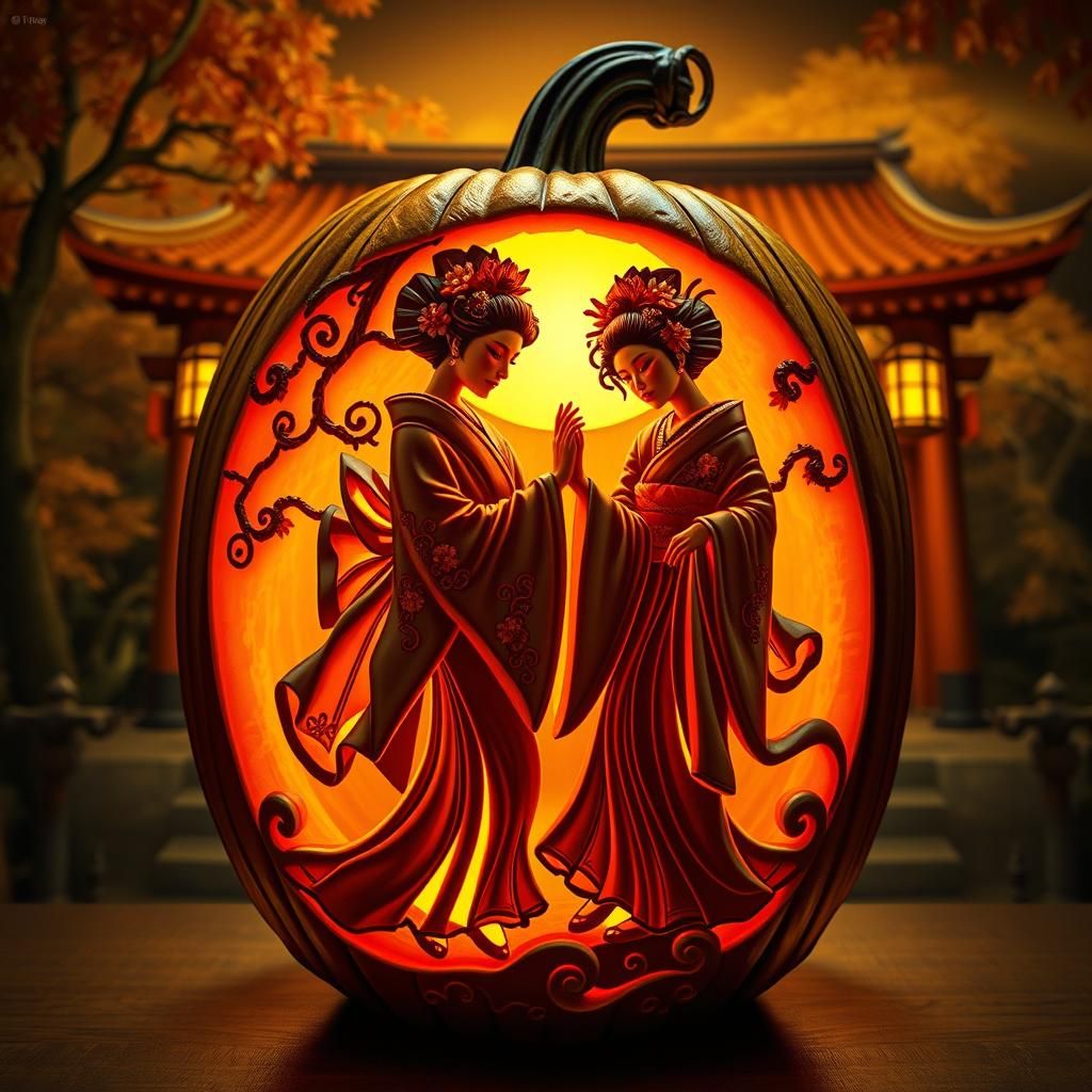 Ornate Jack-o'-Lantern: Geishas Dancing at Shrine
