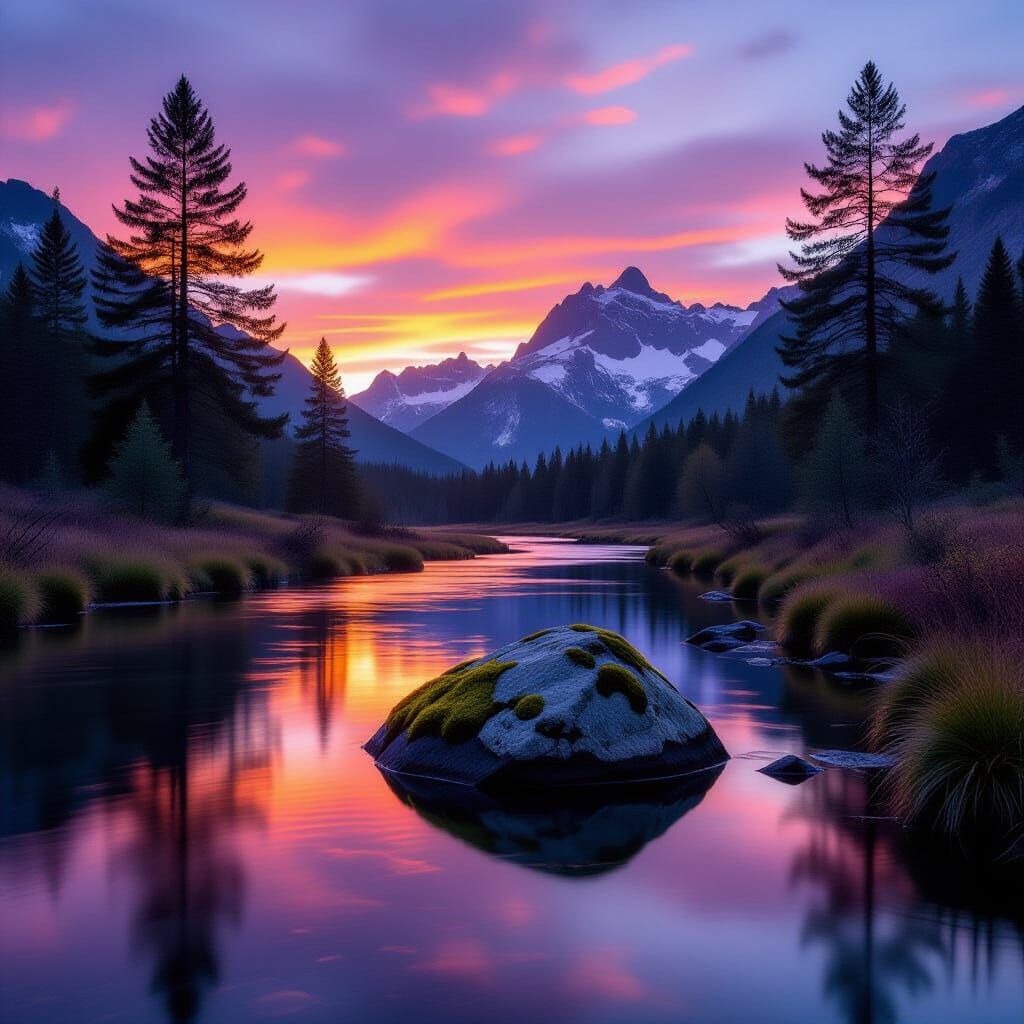 Mossy Boulder Beside Brook Under Painted Sky
