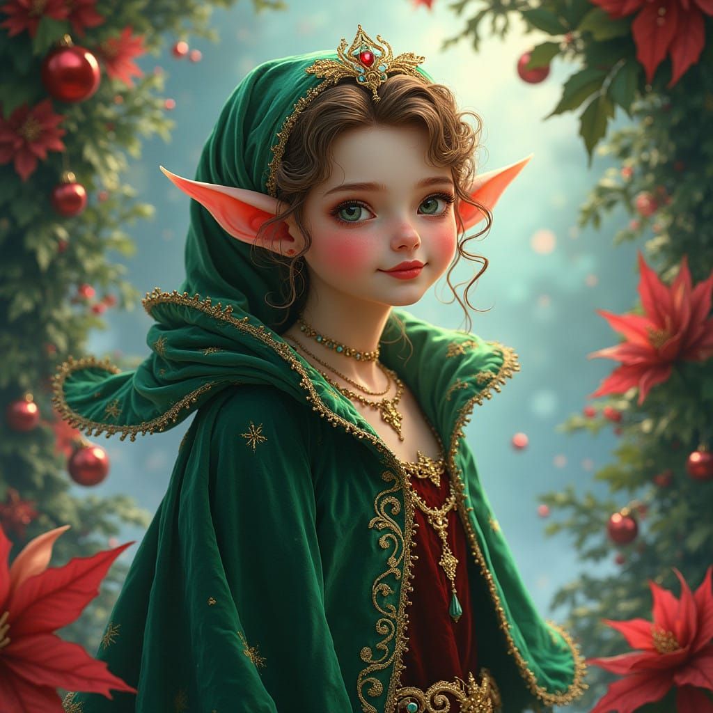 Christmas Elf in Iridescent Velvet Cloak Poses in Vibrant Wi...