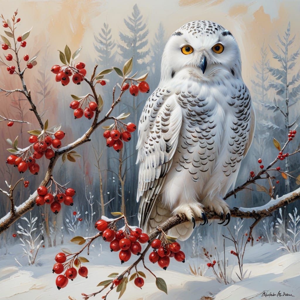 Snowy Owl on Berry Branch in Gentle Breeze
