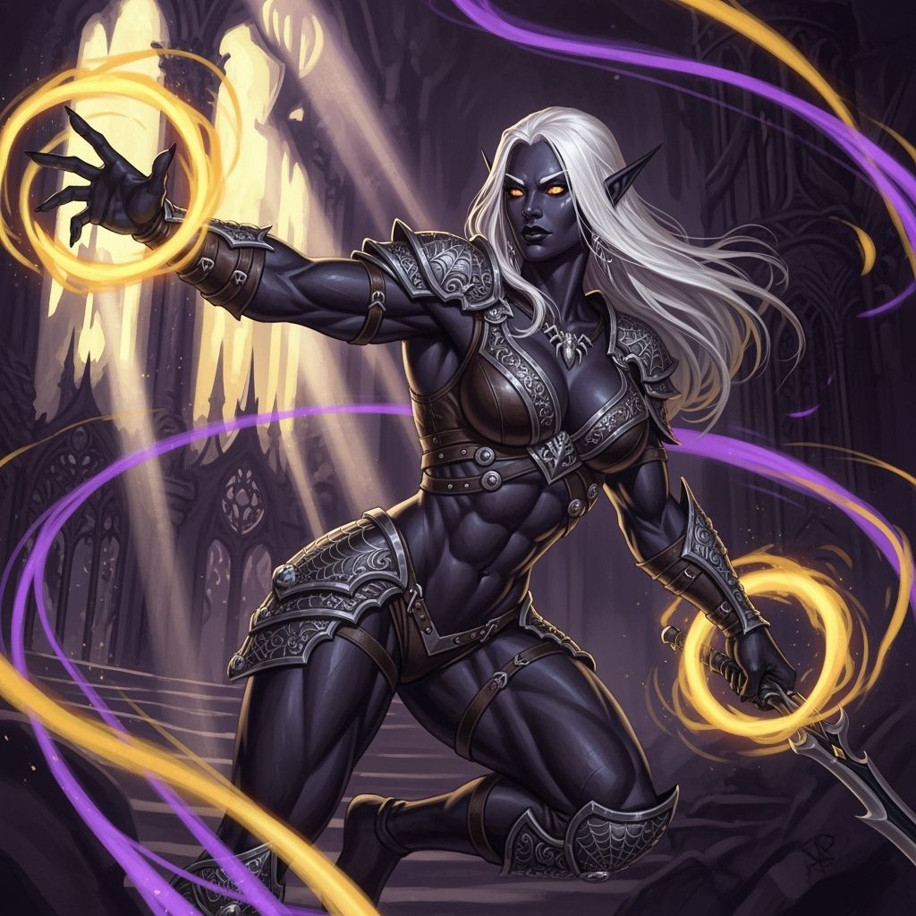 Muscular Female Drow Elf in Dark Fantasy Armor