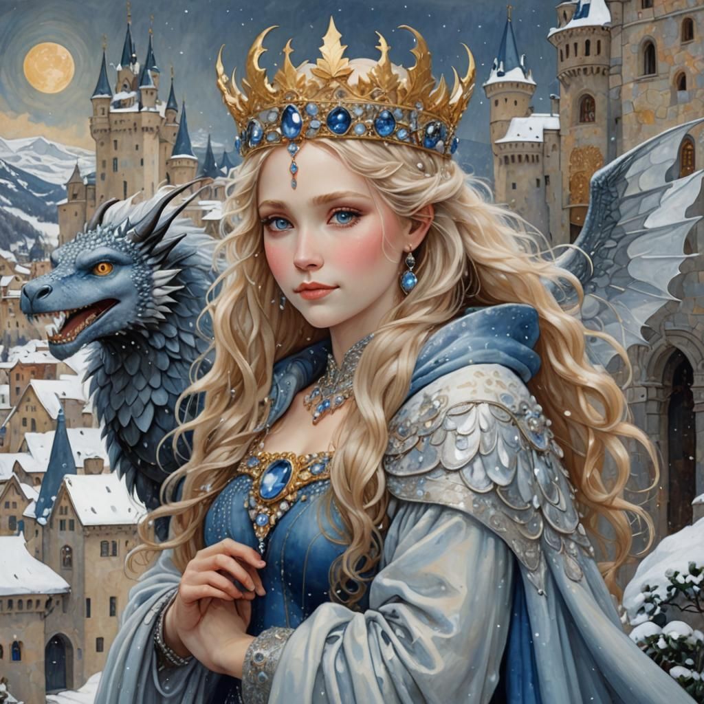 Snow Queen with Dragon in Klimt Style