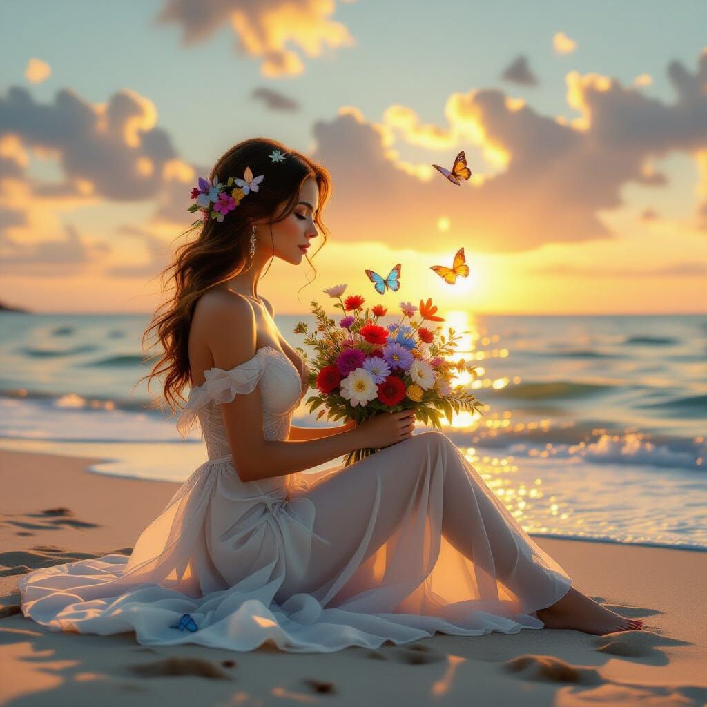 Glass Woman Filled with Flowers and Butterflies at Sunset