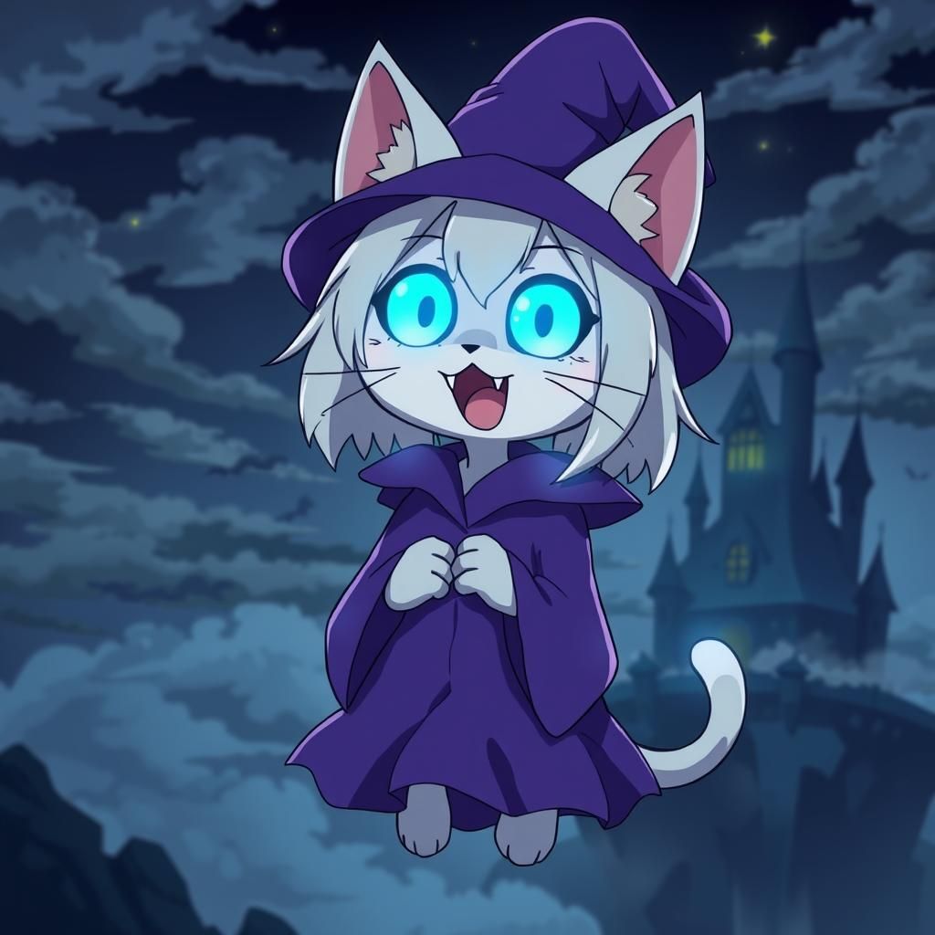 Cute Spooky Catgirl Mage in Anime Style