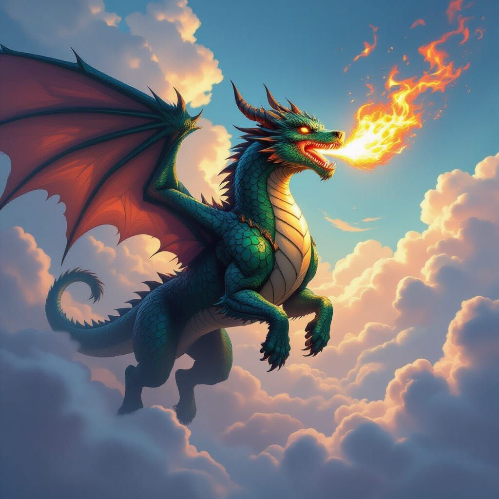 Majestic Dragon-Dog Soaring Through Fiery Sky