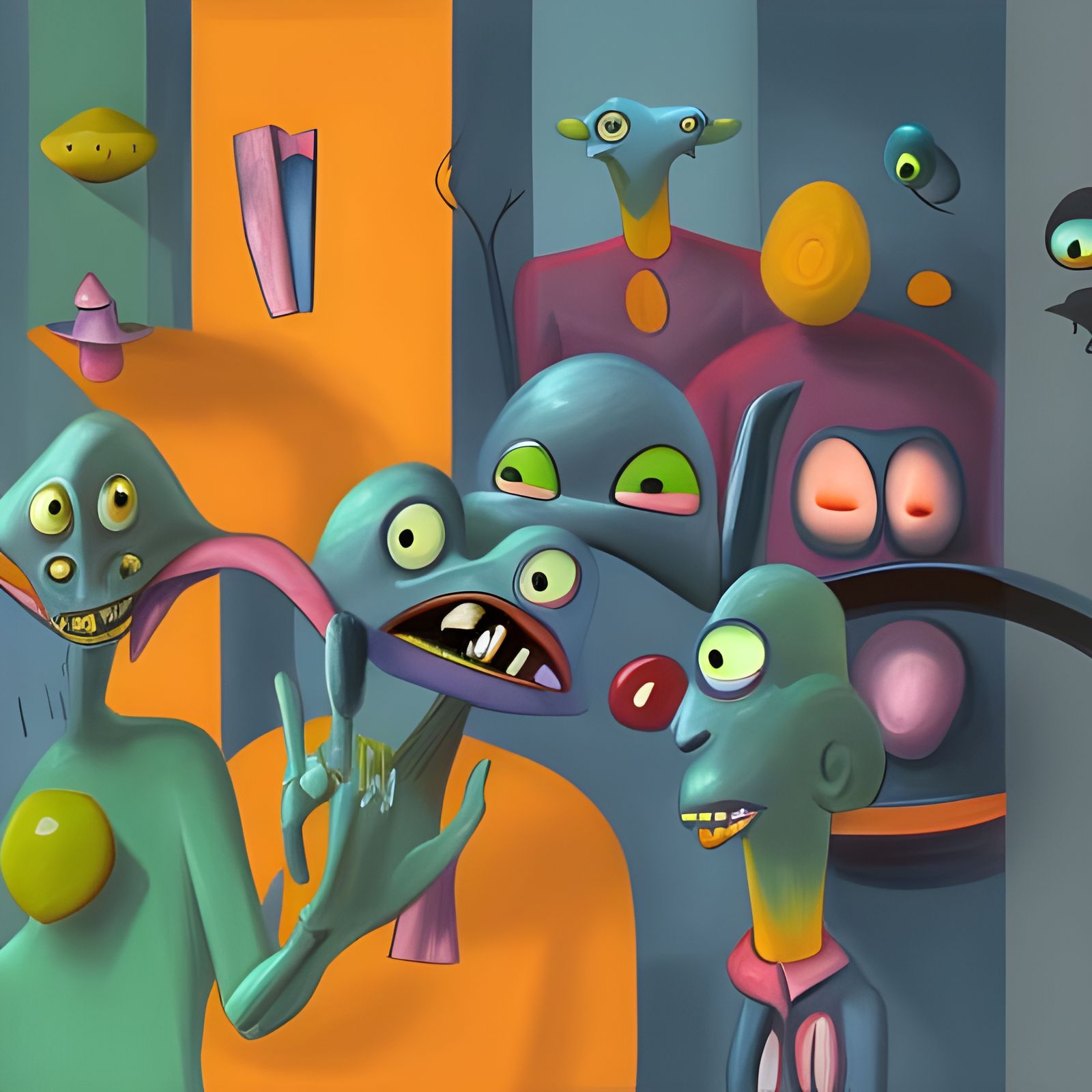 Alien Cartoon Characters in Grotesque Oil Painting Style