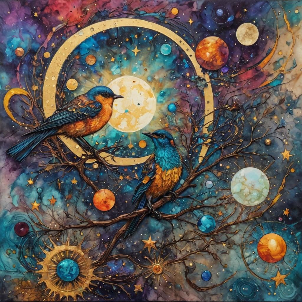 Surreal Birds, Stars, Planets in Impressionistic Style