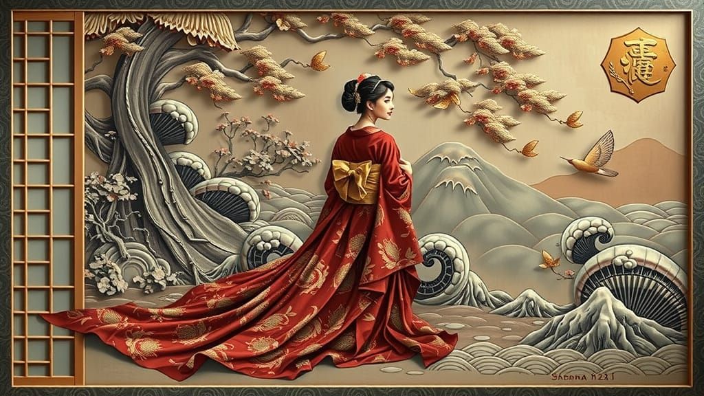Elegant Lady in Red Yukata, Fusuma Style Painting
