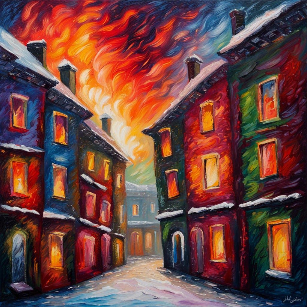 City Fireplace: An Expressionist Winter Storm