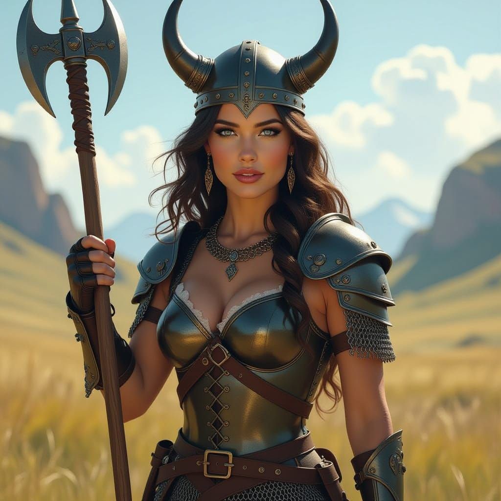 Viking Warrior Woman in Sunlit Fantasy Landscape