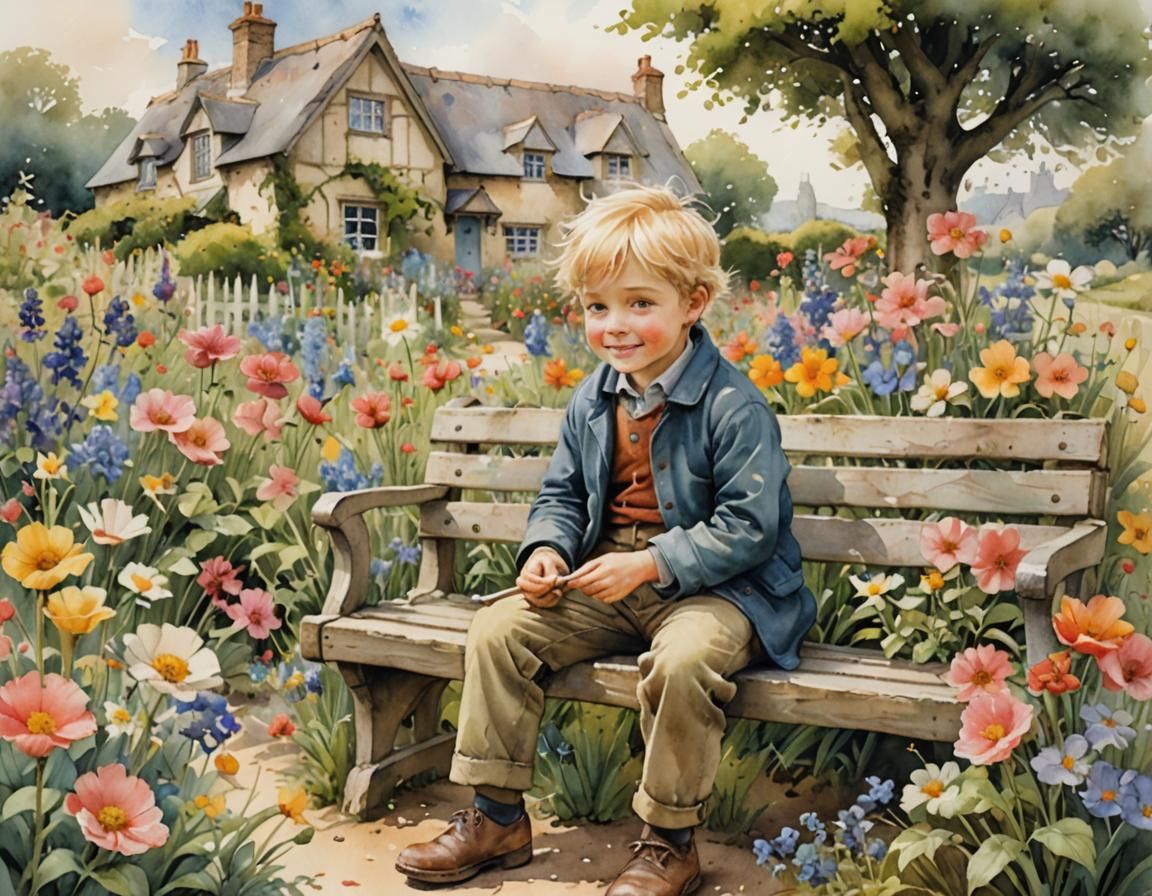 Charming Cottage Garden Scene in Watercolor Style