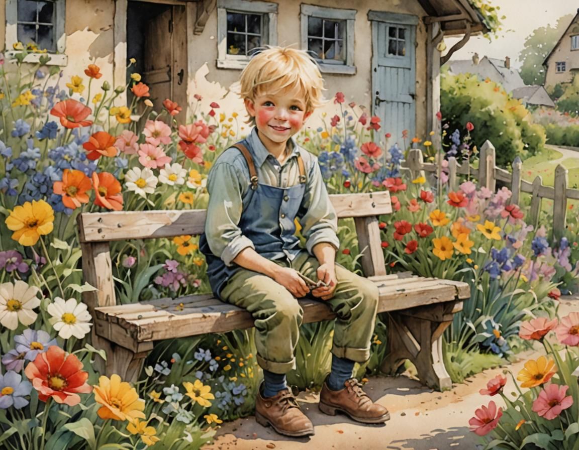 Charming English Cottage Garden with Boy, Watercolor