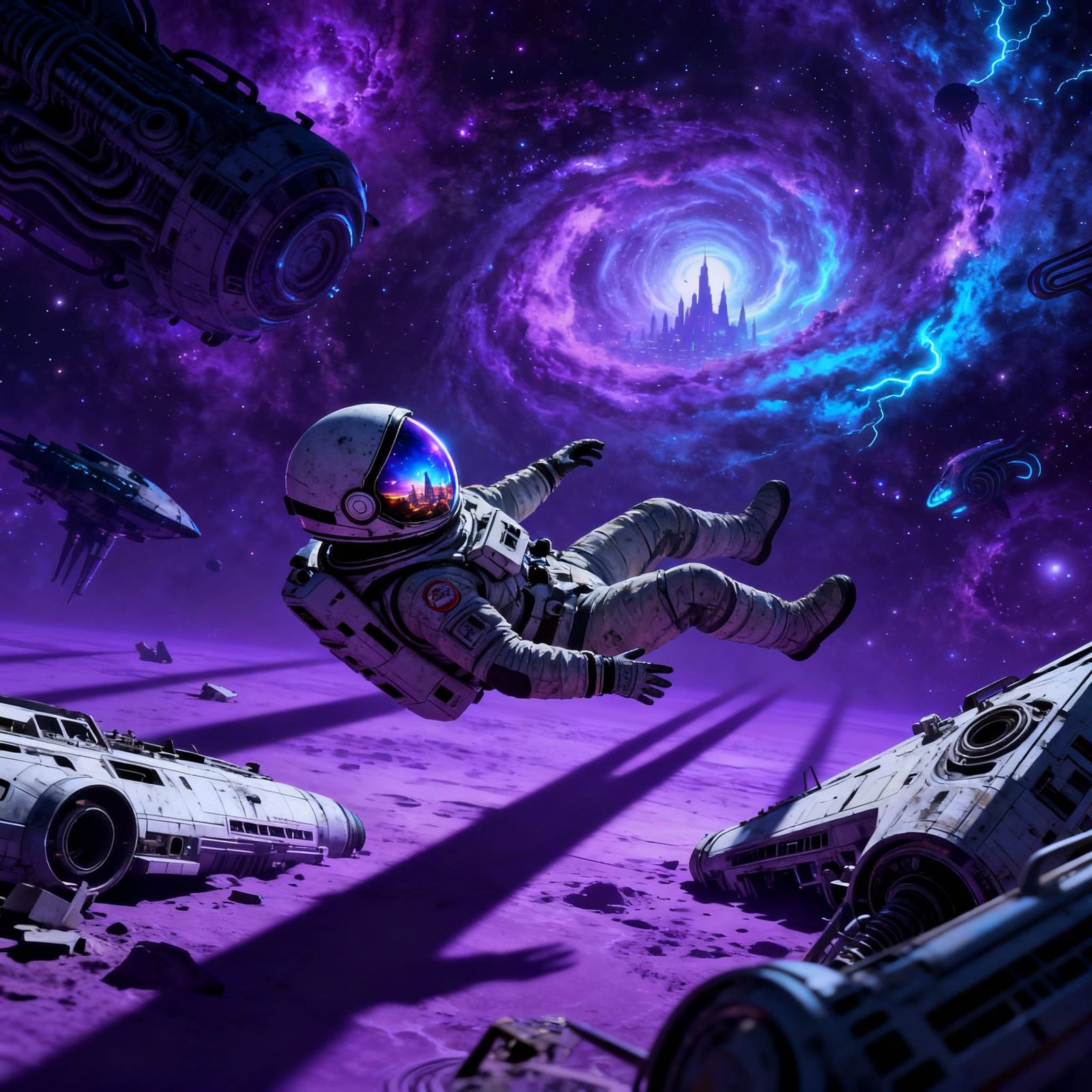 Astronaut Adrift in Nebula Reflecting Alien City