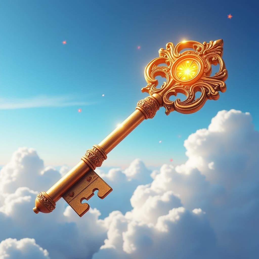 Ornate Golden Key Suspended in a Clear Sky