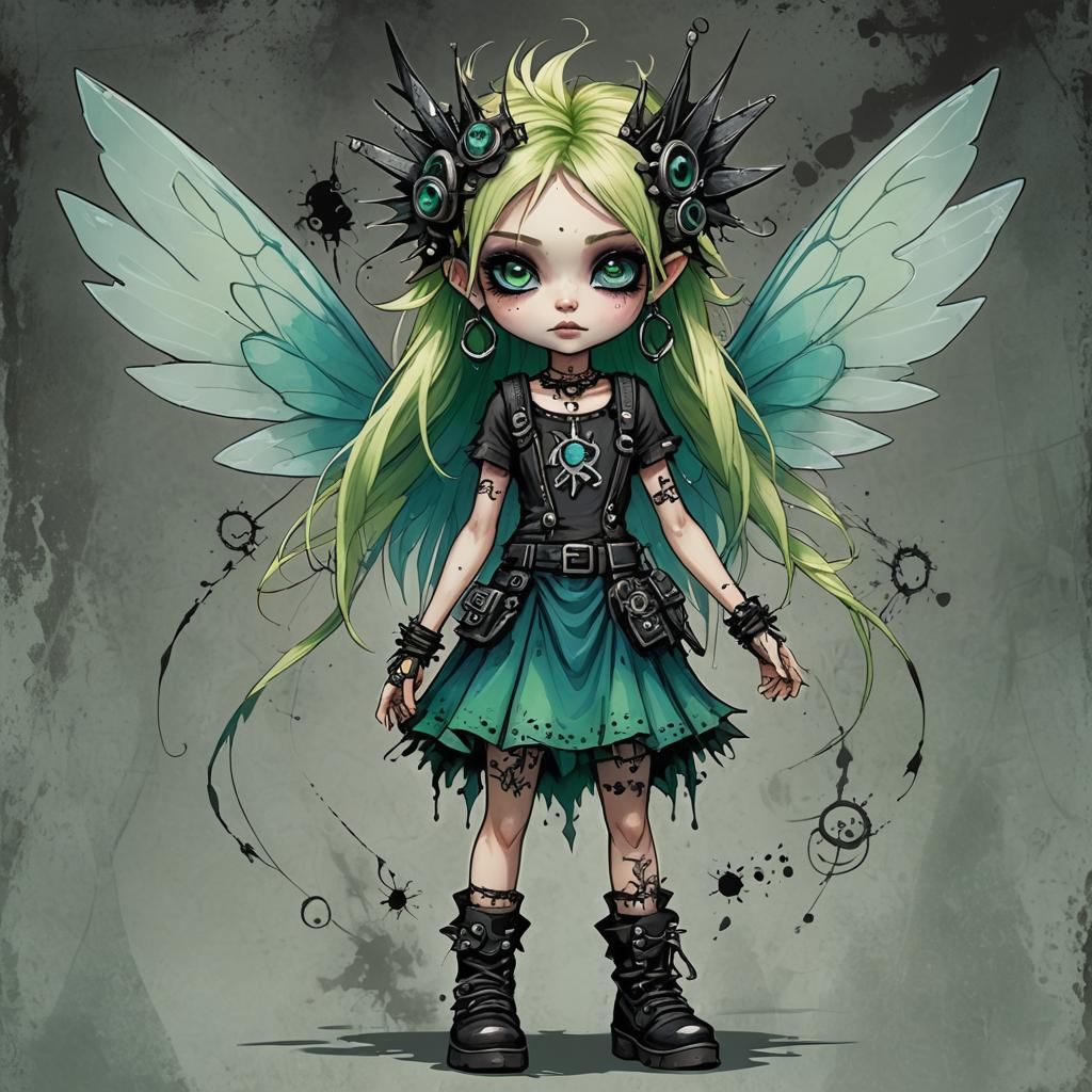 Whimsical Punk Fairy Illustration with Blue Skin and Glowing...
