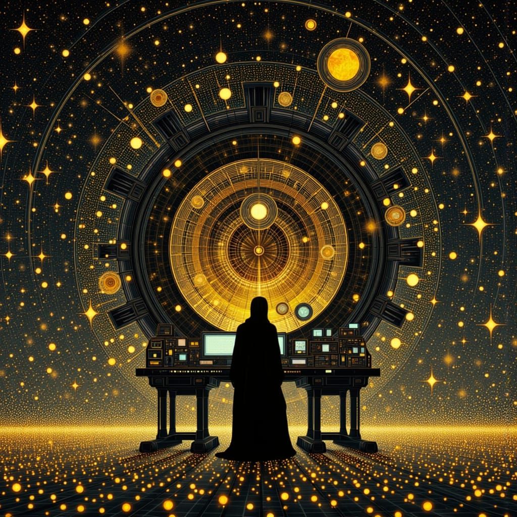 Futuristic Machine Operator in Klimt-Inspired Sci-Fi Art