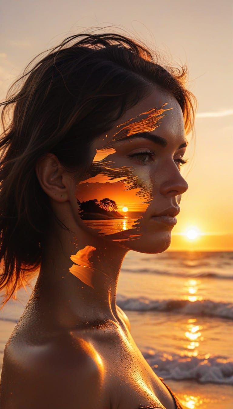 Beach Sunset Inside Woman Silhouette Double Exposure