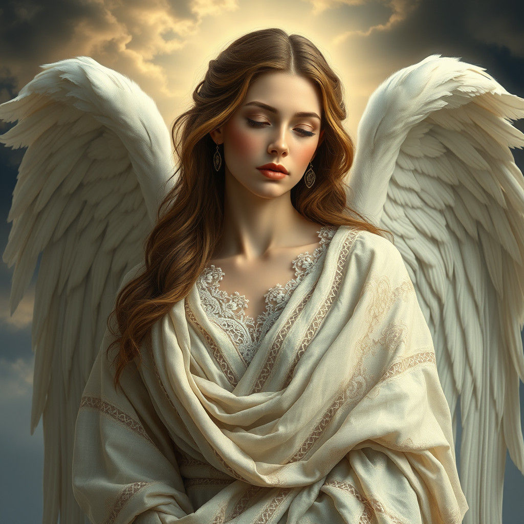 Angelic Being in Embroidered Robes: Hyperrealistic Digital A...