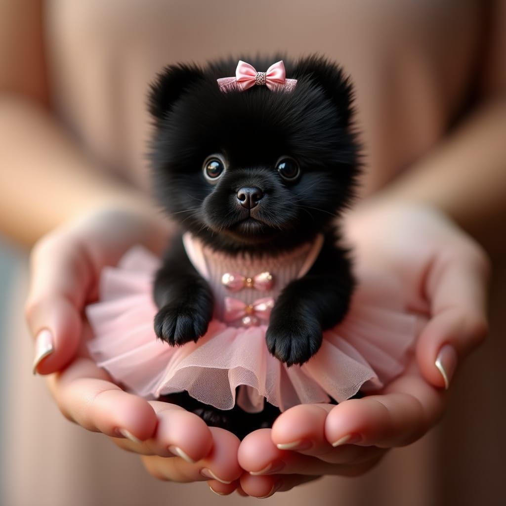 Tiny black Chinese Chow Chow in a pink ballet dress. Dancing in the palm of hand.