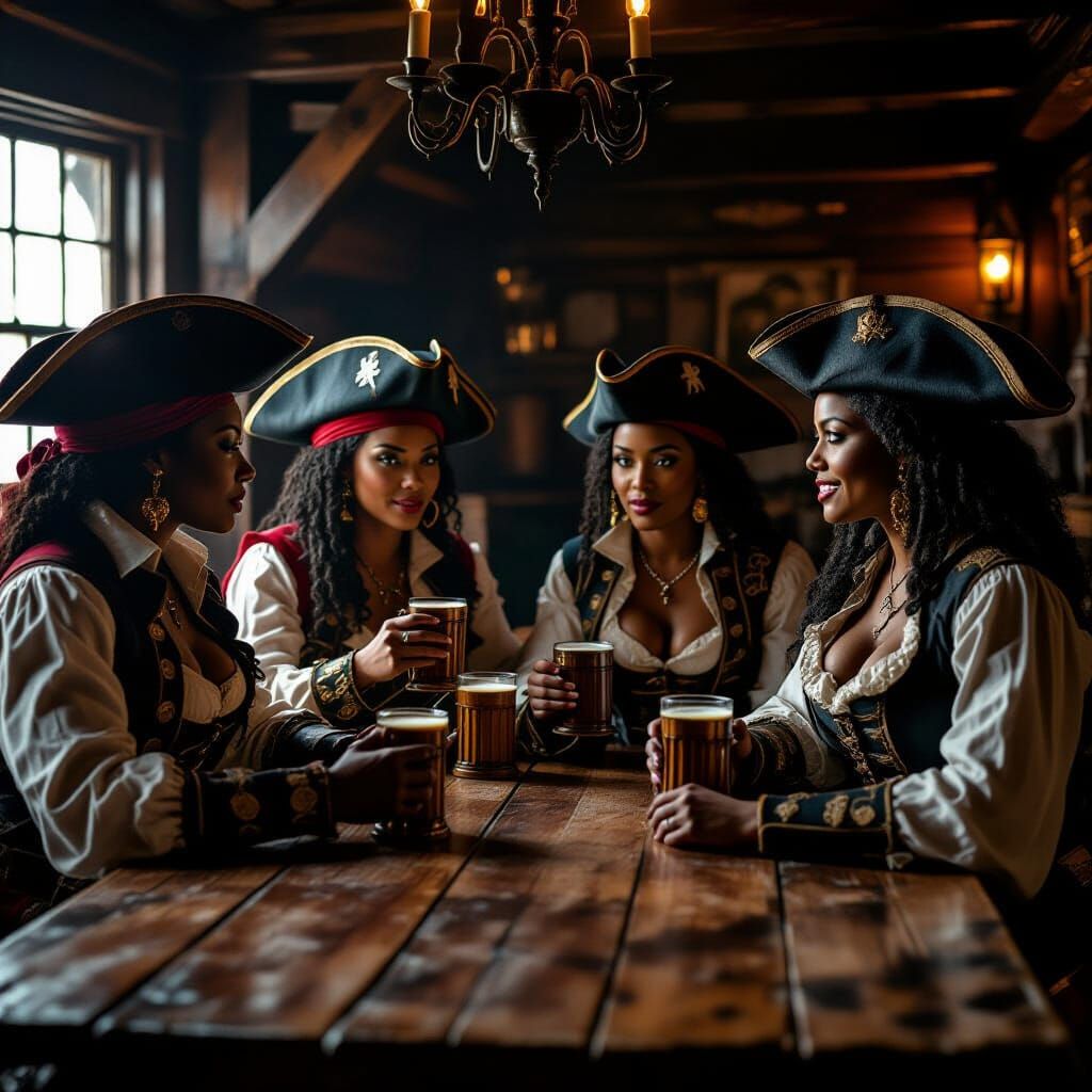 Black Female Pirates Relaxing in a Tavern
