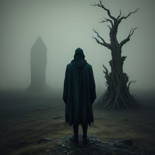 A Figure Ponders Existential Crisis in a Desolate Landscape