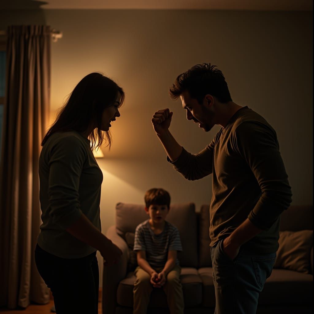 Tense Family Scene in a Dimly Lit Room