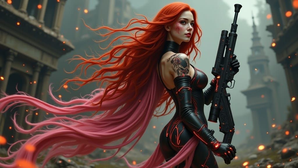 Cyborg Geisha Assassin in Neon-Lit Post-Apocalyptic Environm...