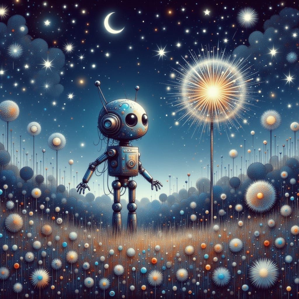 Robot Gazes at Glowing Dandelion in Post-Apocalyptic Night