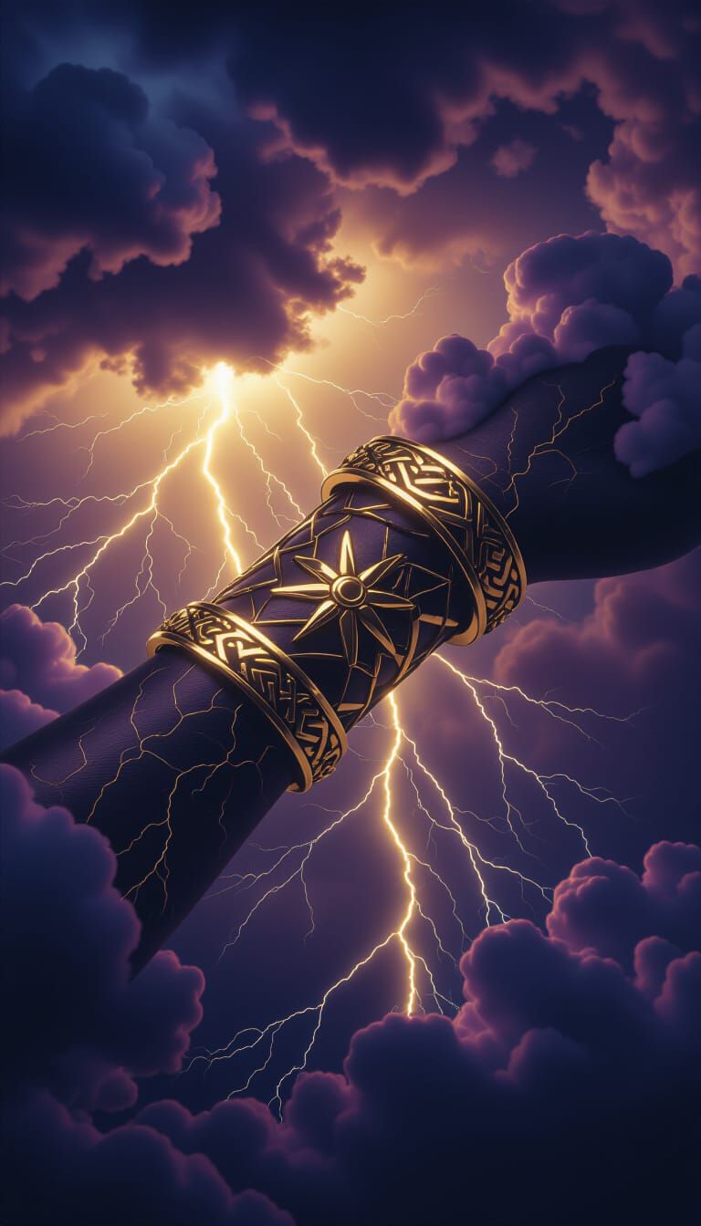 Broken Arm Bracelet Amidst Stormy Sky with Golden Lightning