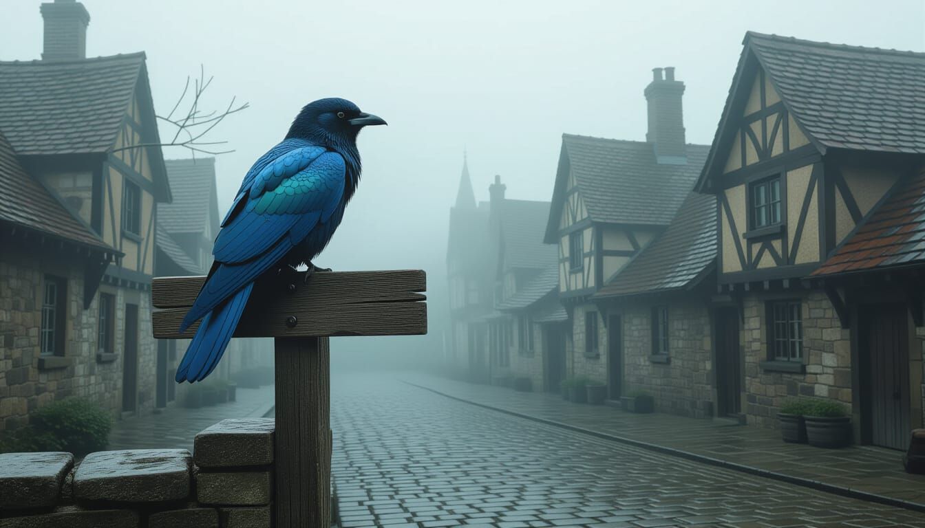 Exotic Bird in Misty Village Square