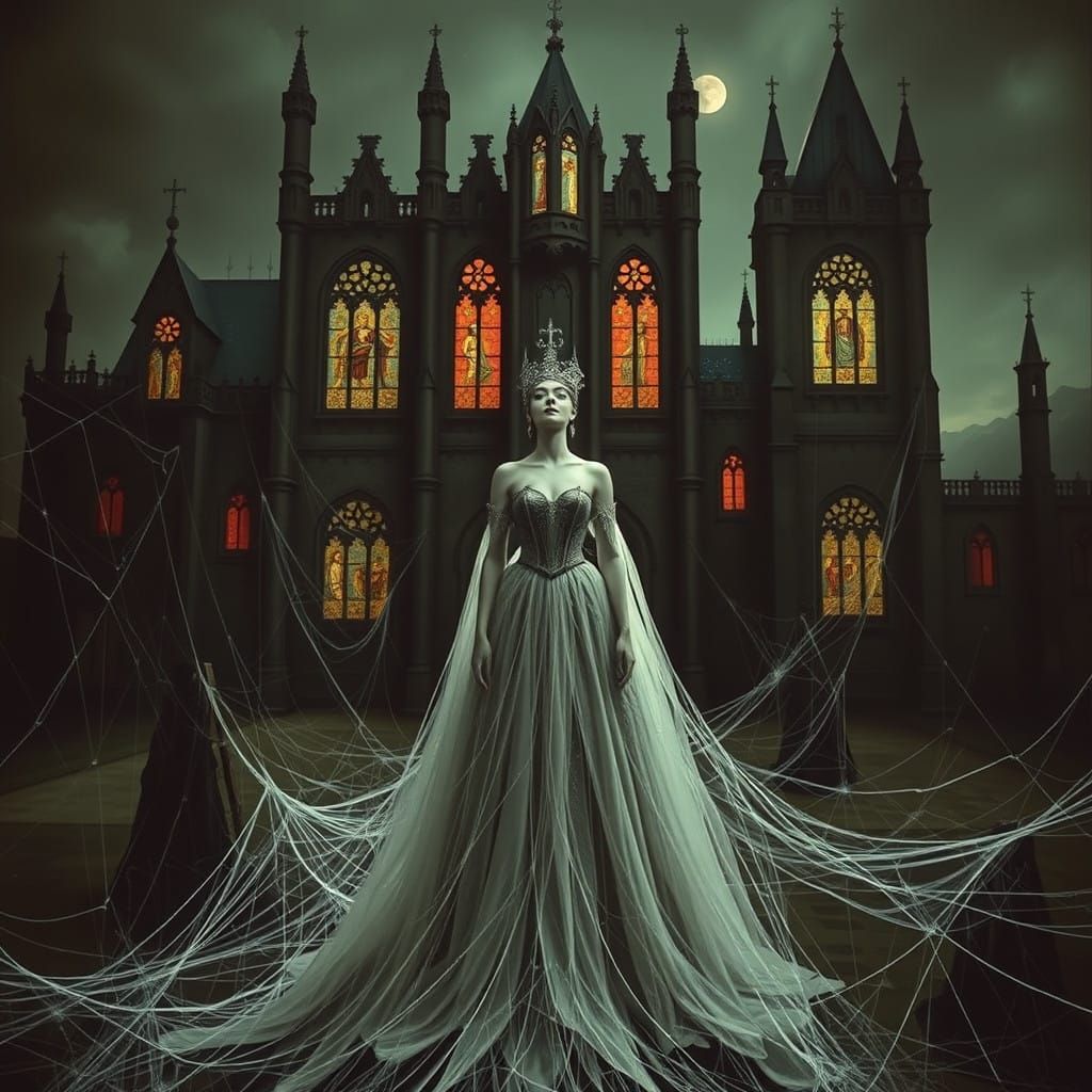 Gothic Queen Amidst Cobweb-Encrusted Castle
