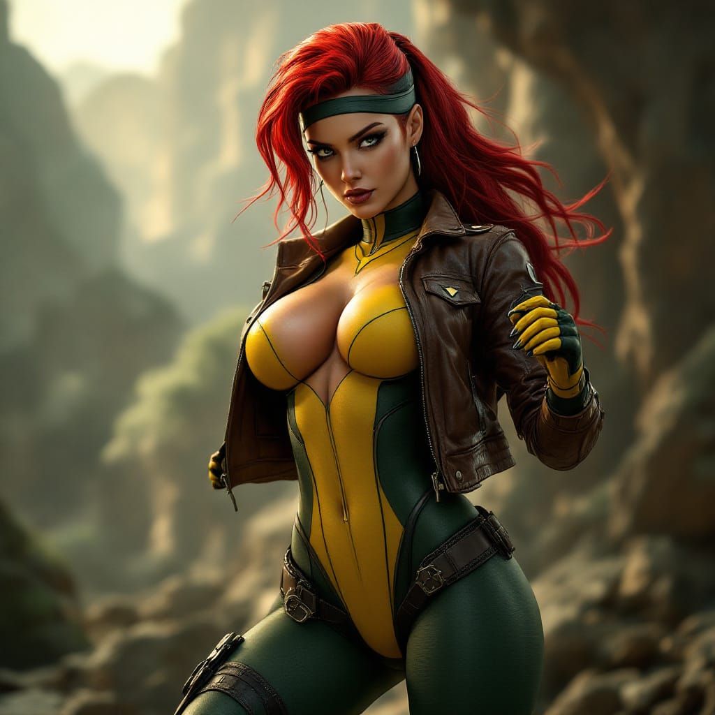 Rogue: Dynamic Full Body Superheroine in Rocco Green Suit