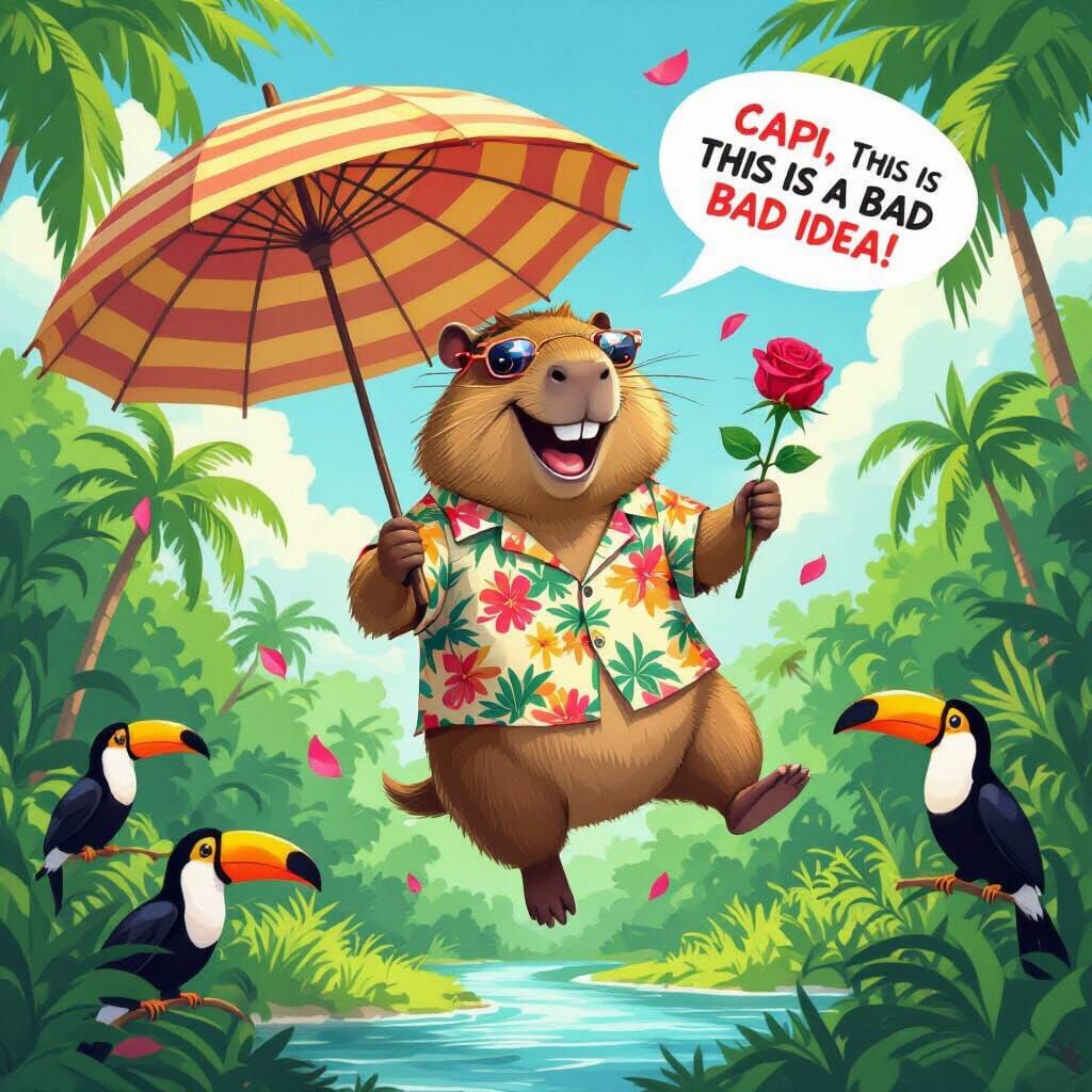 Capybara's Tropical Flight: A Positive Realism Scene