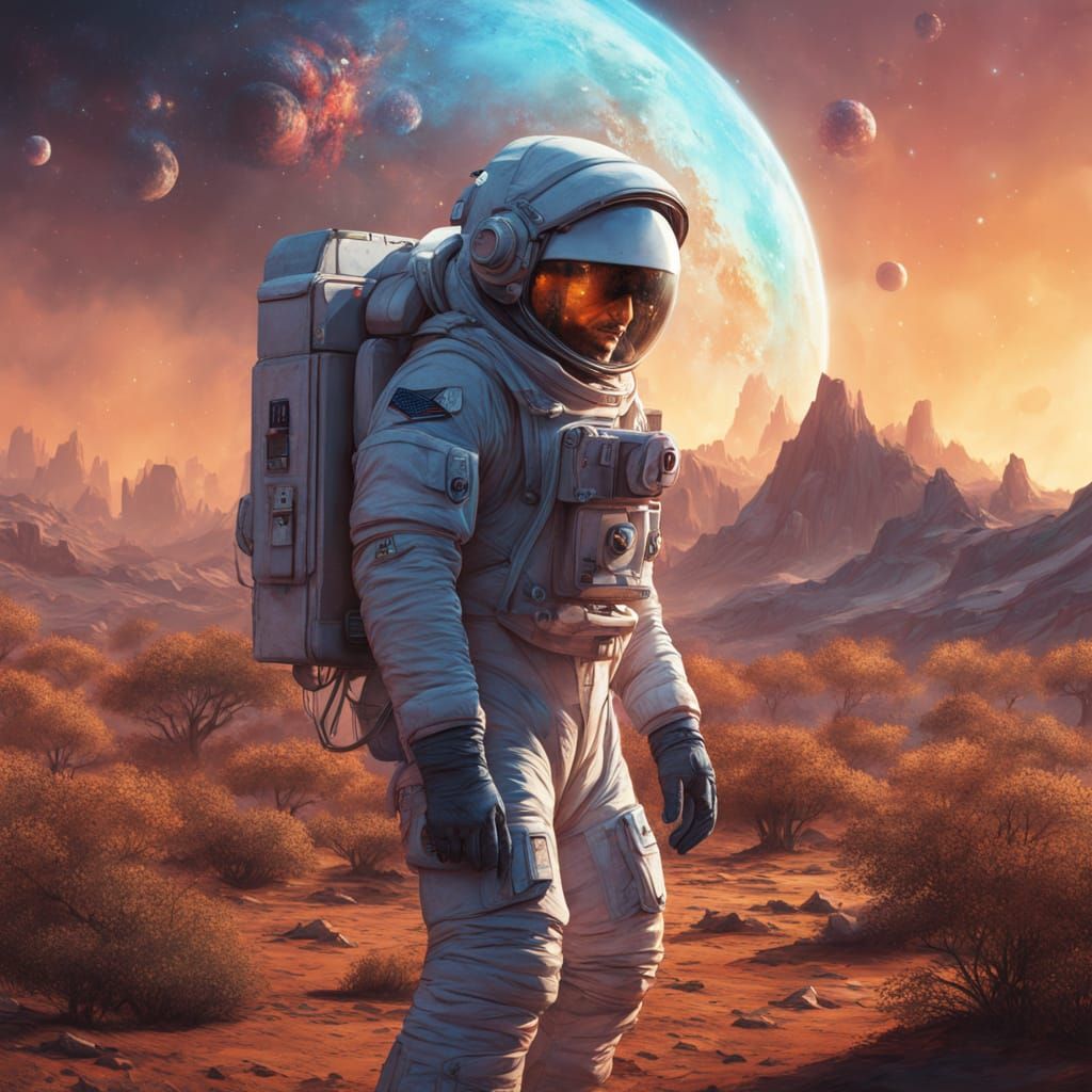 Astronaut Plants Sapling on Alien World in Cosmic Art Style