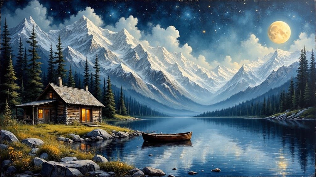 Moonlit Mountain Lake Cabin Scene in Oil Painting Style