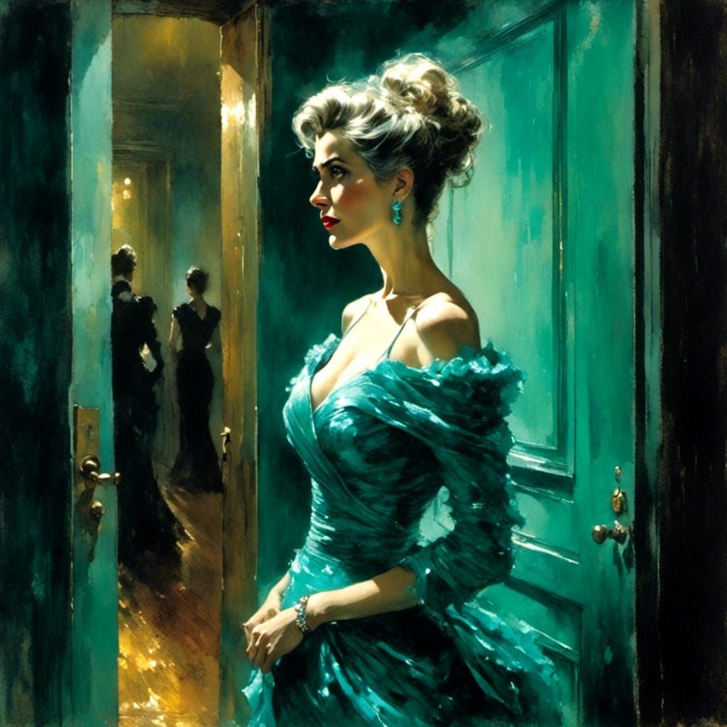 Woman in Turquoise Gown: Impressionistic Oil Painting