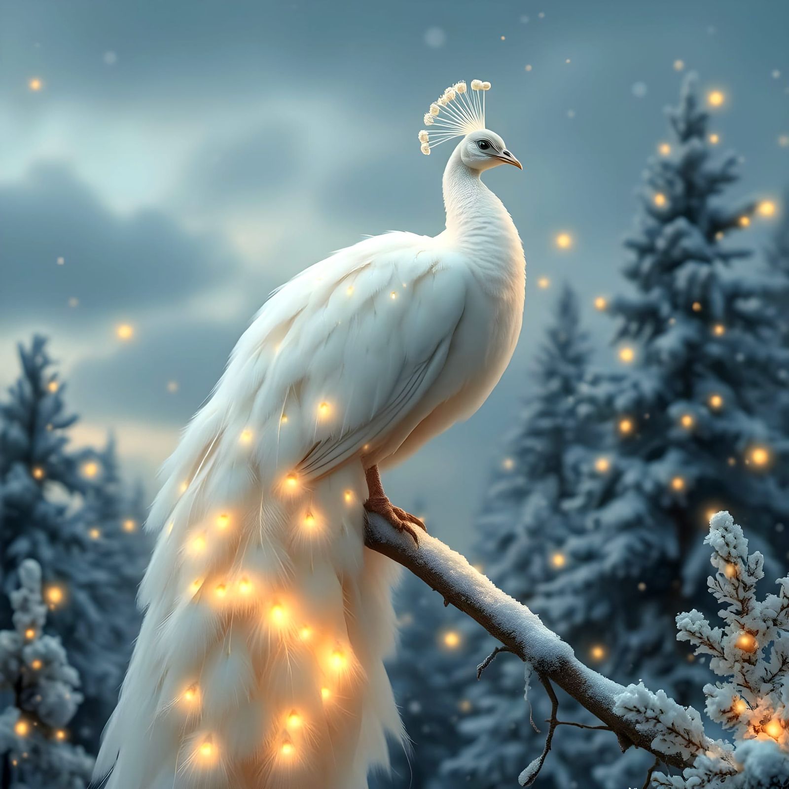 Ethereal White Peacock in Winter Wonderland