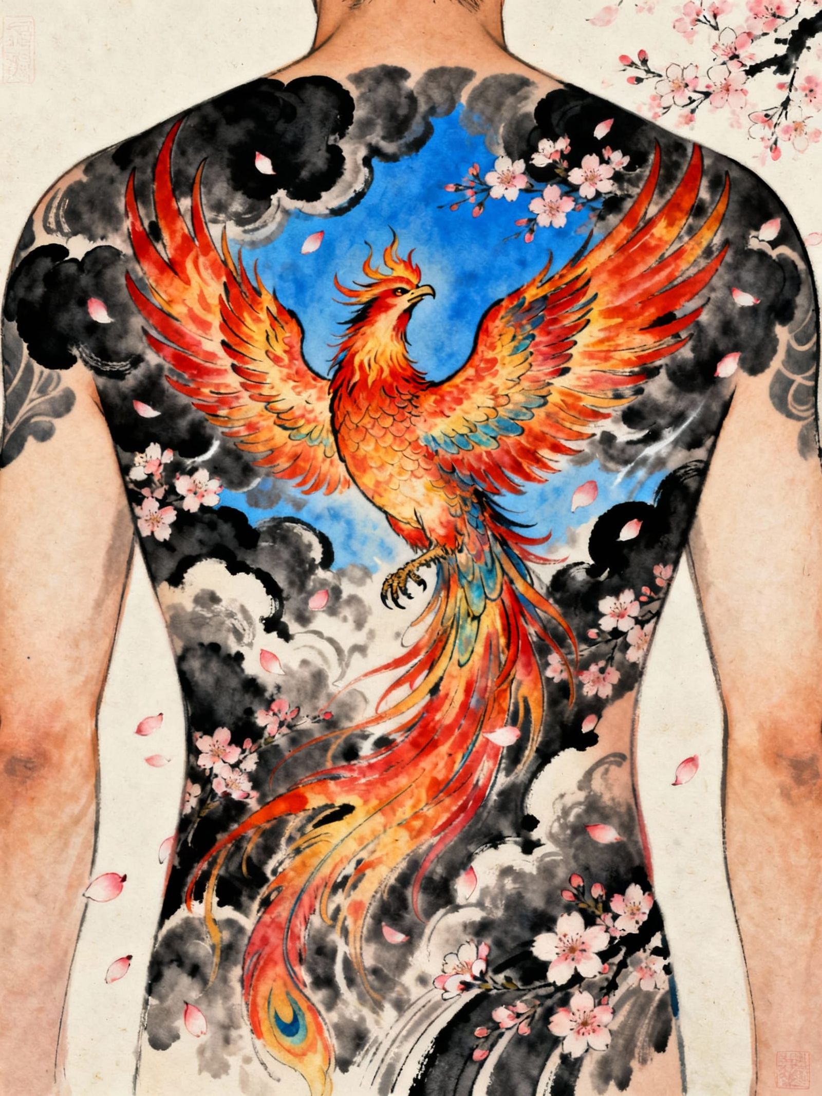 Japanese Fire Phoenix Tattoo Design in Sumi-E Style
