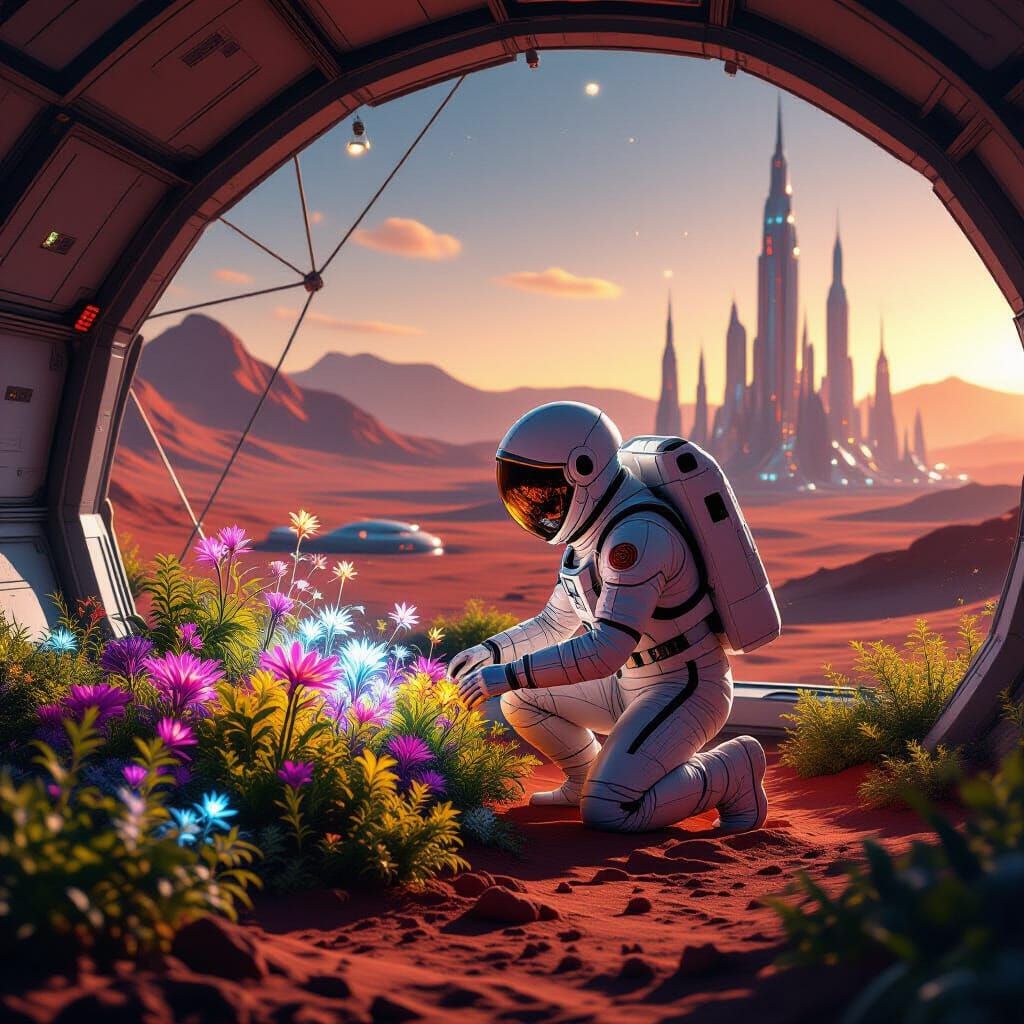 Astronaut Tends Alien Garden in Martian Dome
