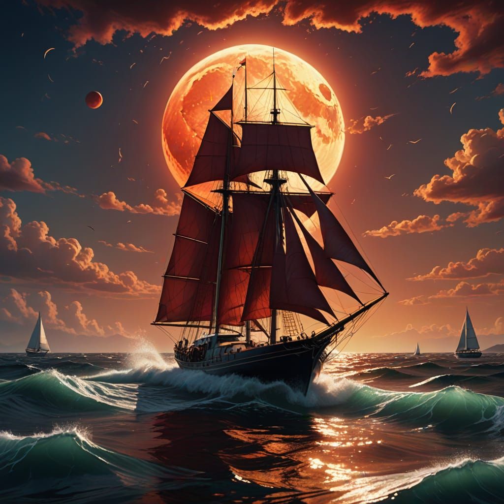 Sleek Sailboat Soars Under Red Moon