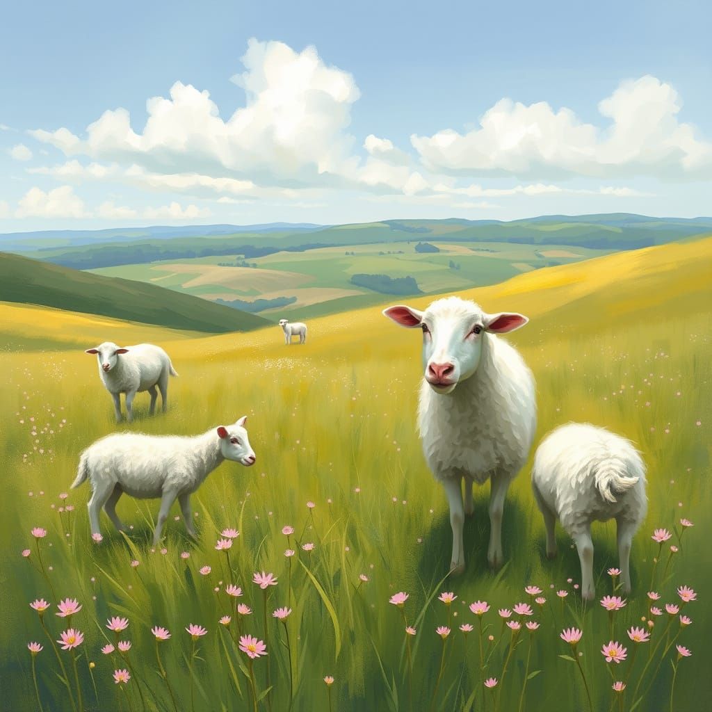 Pastoral Meadow with Sheep in Impressionist Style