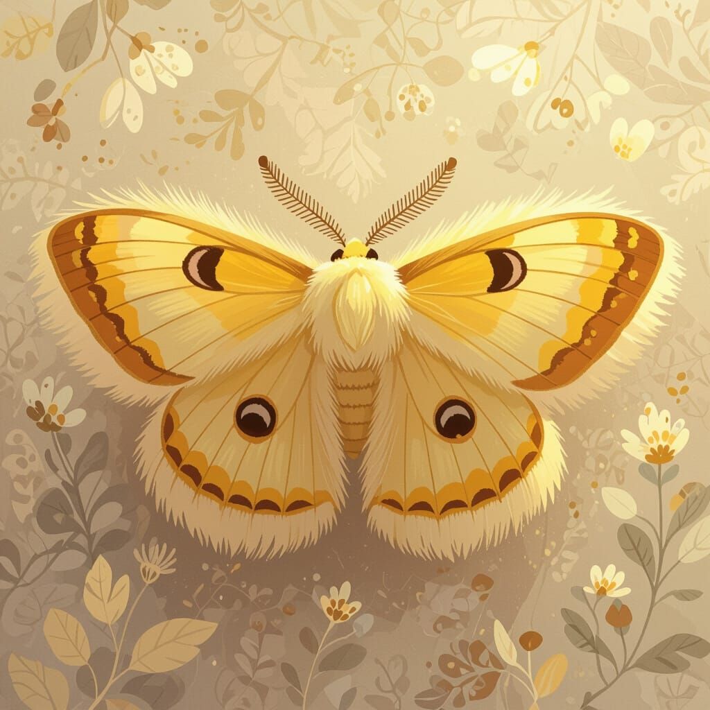 Fluffy Yellow Moth with Gold Outlining