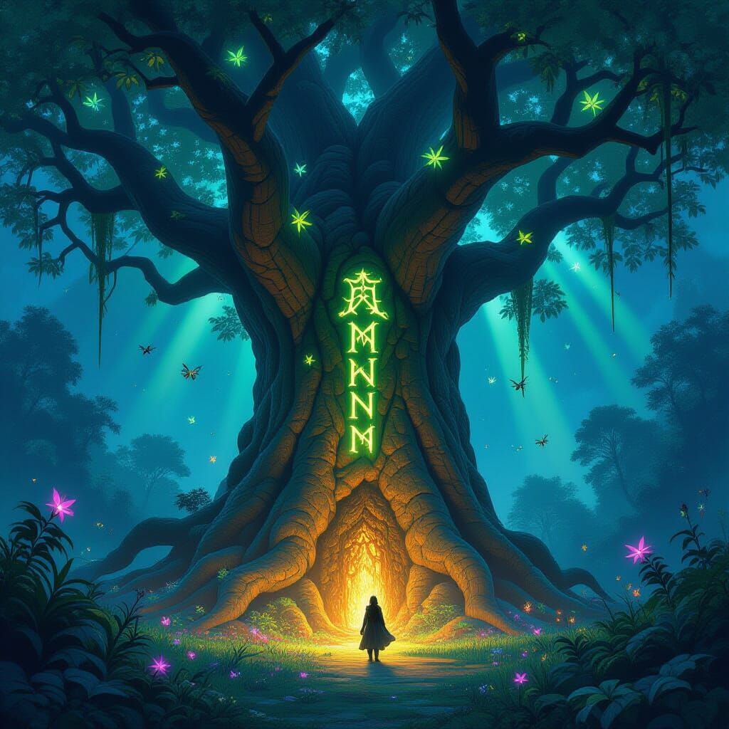 Ancient Glowing Tree in Mystical Forest Clearing
