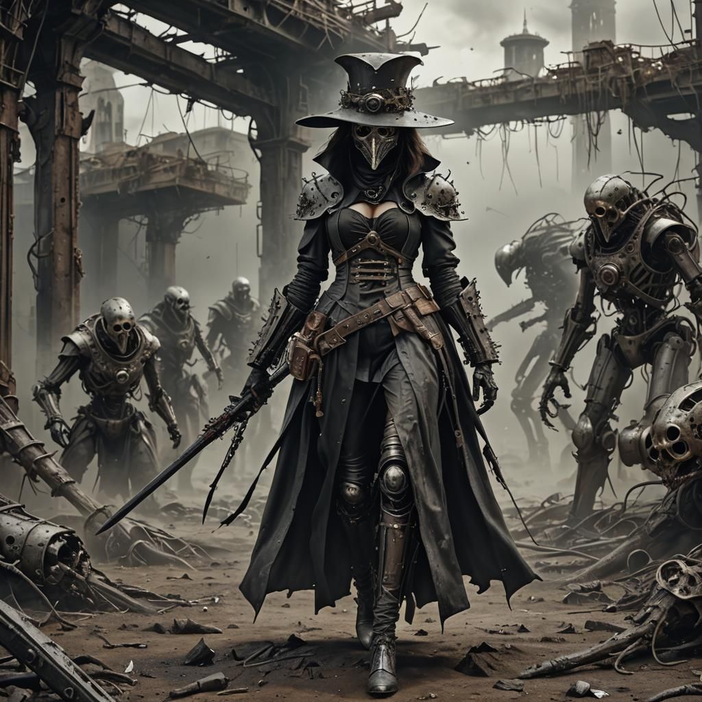 Futuristic Plague Doctor in Post-Apocalyptic World